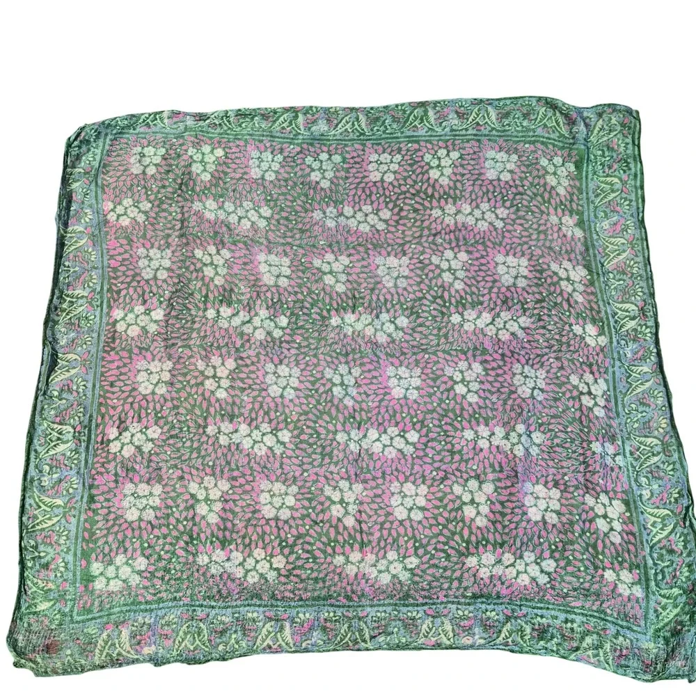 Vintage Silk Square Scarf Green Purple Floral Paisley Block Print 27x27 Thin
